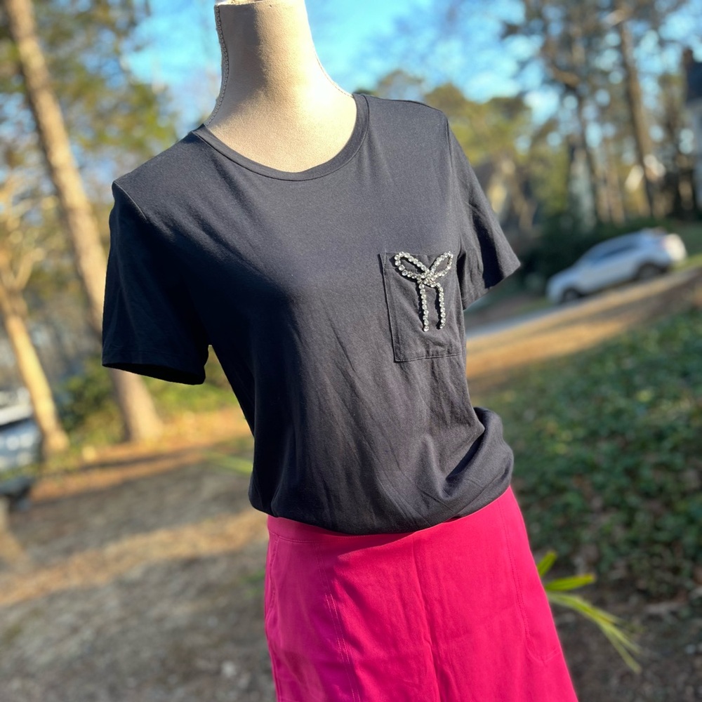 Brooks Brothers Navy Tee Shirt with Rhinestone Bow, Large, Navy, EUC